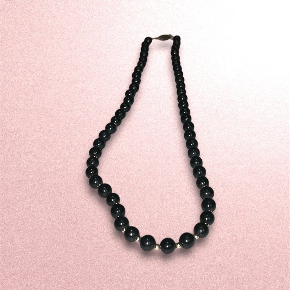 Vintage Black Beaded Necklace With Gold-Tone Accents & Clasp